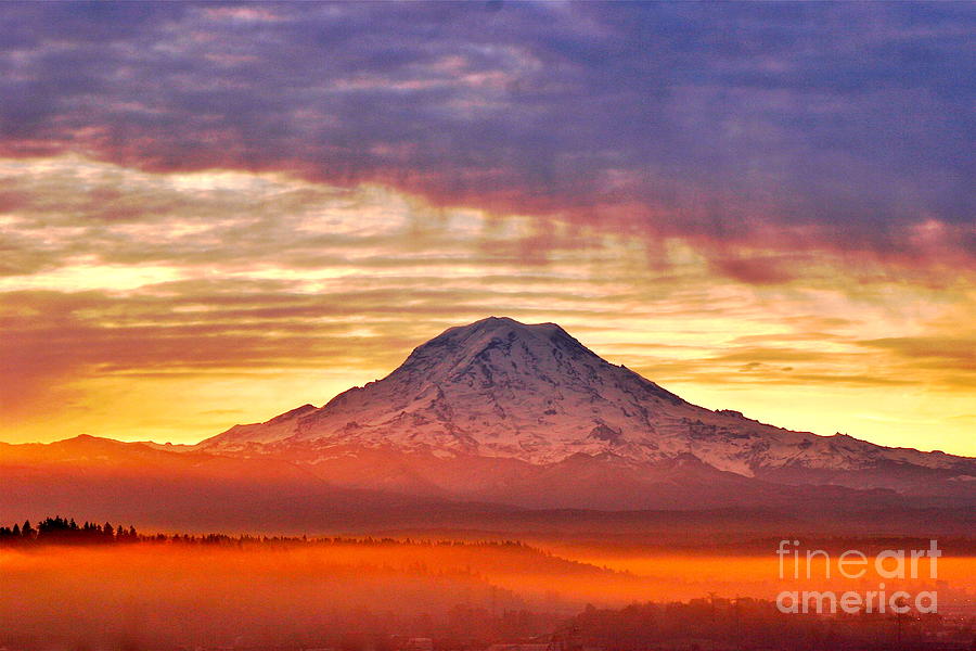 Nature Photograph - Morning Mist About Mount Rainier HDR by Sean Griffin