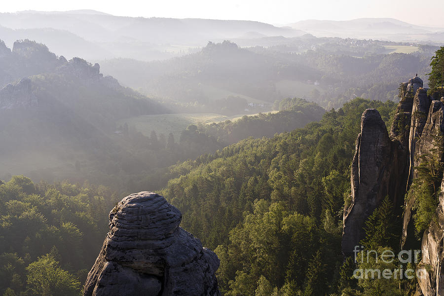 Morning Mist laying over Elbe Sandstone Mountains Photograph by Heiko Koehrer-Wagner