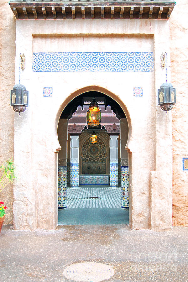 Morocco Pavilion Doorway Lamps Courtyard Fountain EPCOT Walt Disney World Prints Accented Edges Digital Art by Shawn OBrien