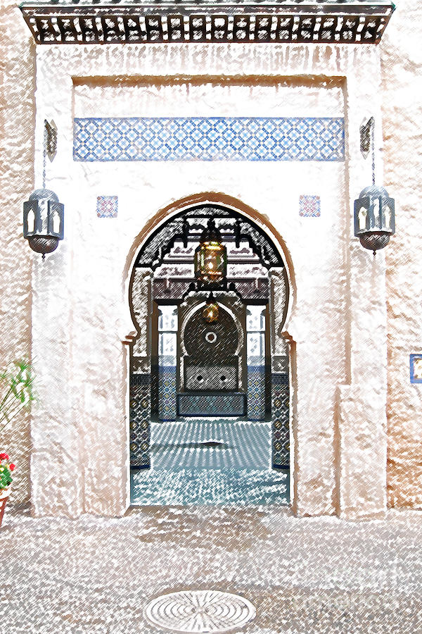 Morocco Pavilion Doorway Lamps Courtyard Fountain EPCOT Walt Disney World Prints Colored Pencil Digital Art by Shawn OBrien