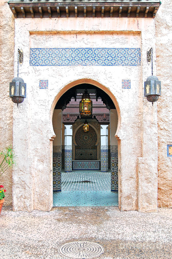 Morocco Pavilion Doorway Lamps Courtyard Fountain EPCOT Walt Disney World Prints Ink Outlines Digital Art by Shawn OBrien