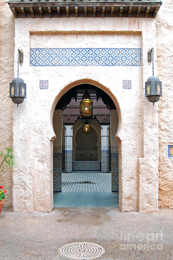Morocco Pavilion Doorway Lamps Courtyard Fountain EPCOT Walt Disney World Prints Photograph by Shawn OBrien