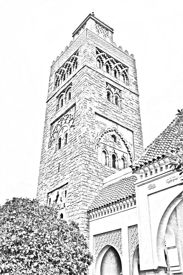 Morocco Pavilion Minaret EPCOT Walt Disney World Prints Black and White Line Art Digital Art by Shawn OBrien