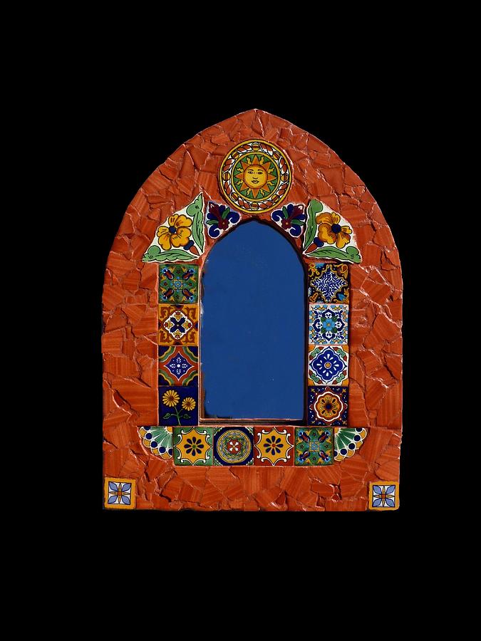 Flower Mixed Media - Mosaic Cathedral Style Mirror Made with Talavera Tiles by Katherine Sutcliffe