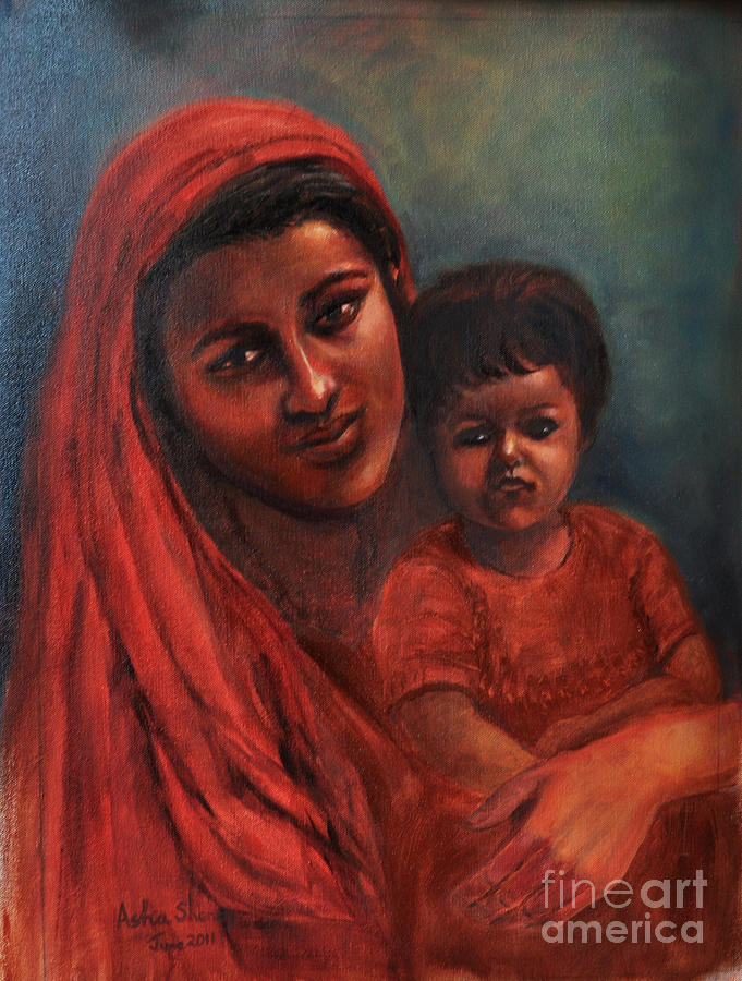 Mother and child -Tender love Painting by Asha Sudhaker Shenoy