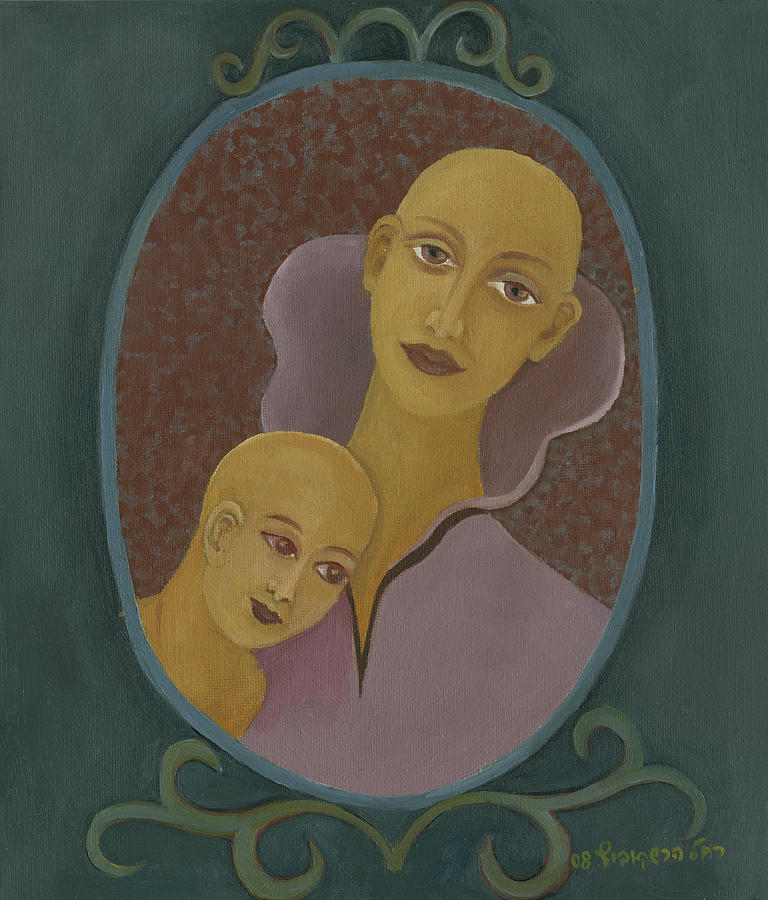 Mother and son no hair   Painting by Rachel Hershkovitz