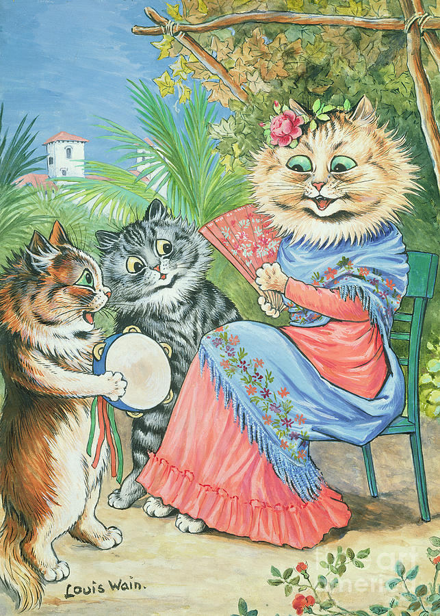 Mother cat with fan and two kittens Painting by Louis Wain