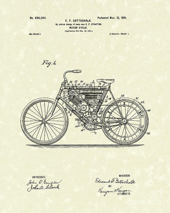 Motorcycle 1901 Patent Art Drawing by Prior Art Design