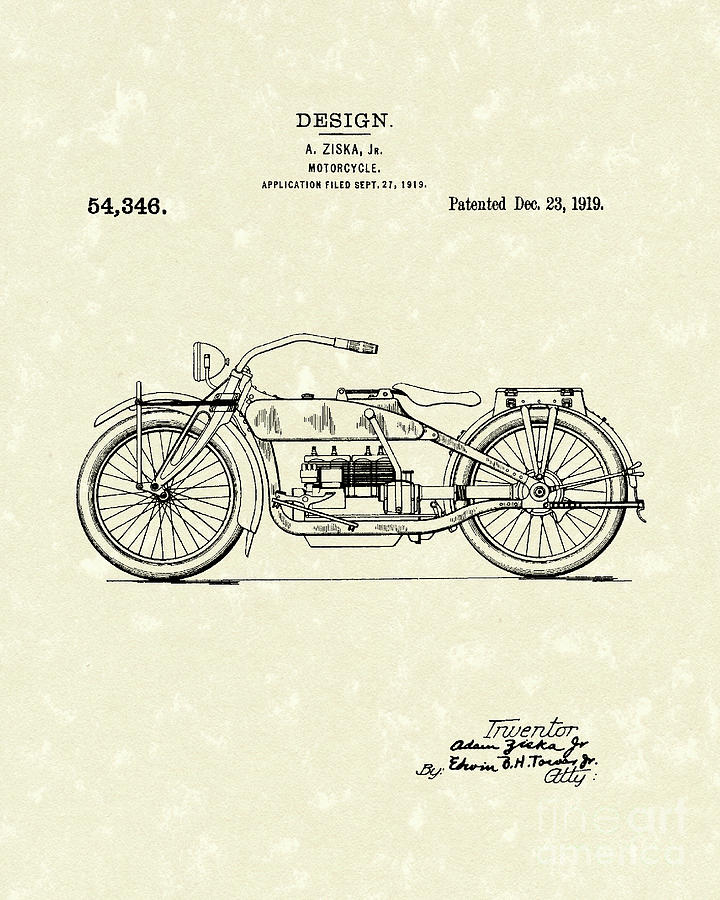 Motorcycle Design 1919 Patent Art Drawing by Prior Art Design
