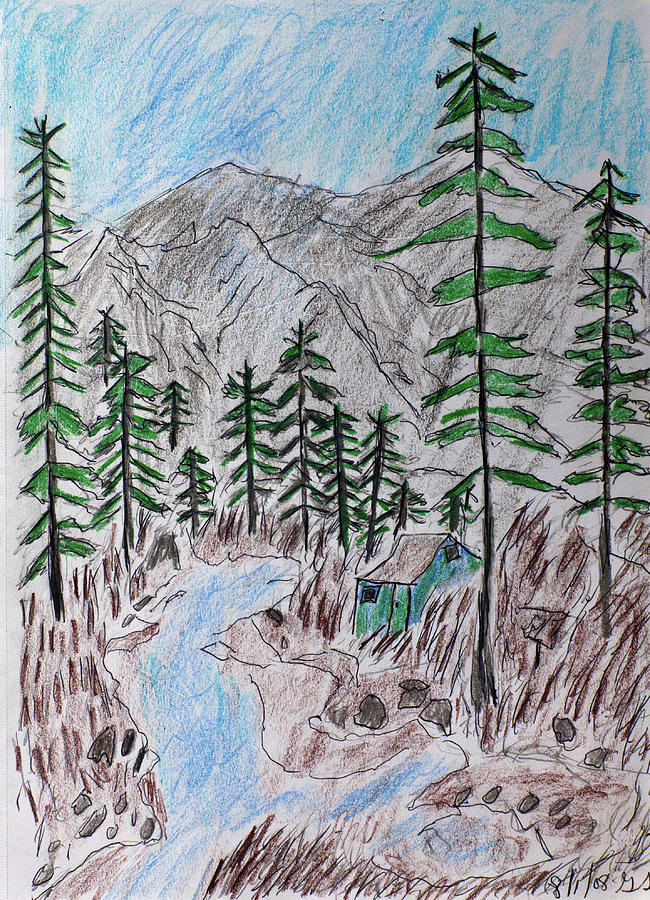 Mountain Cabin Near A Stream Drawing by Swabby Soileau | Fine Art America