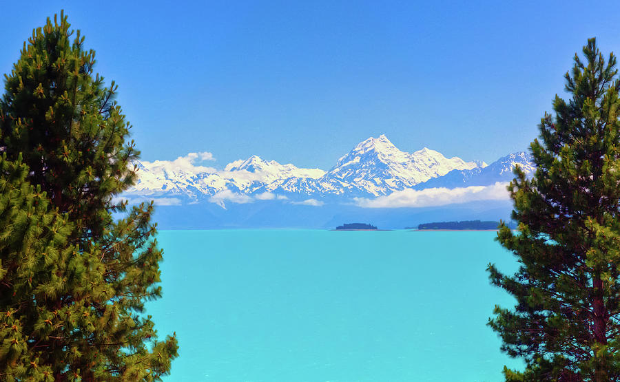 Mt. Cook thru the Pines at Lake Pukaki Photograph by Harry Strharsky