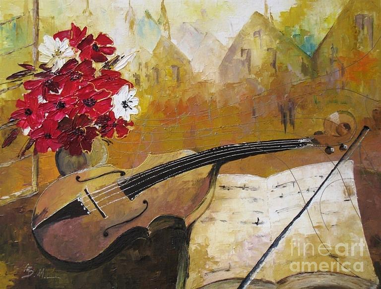 Still Life with Violin and Red Flowers Painting by Amalia Suruceanu