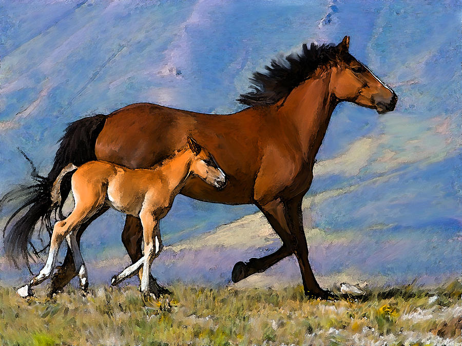 Mustang Mare and Foal Painting by Shere Crossman