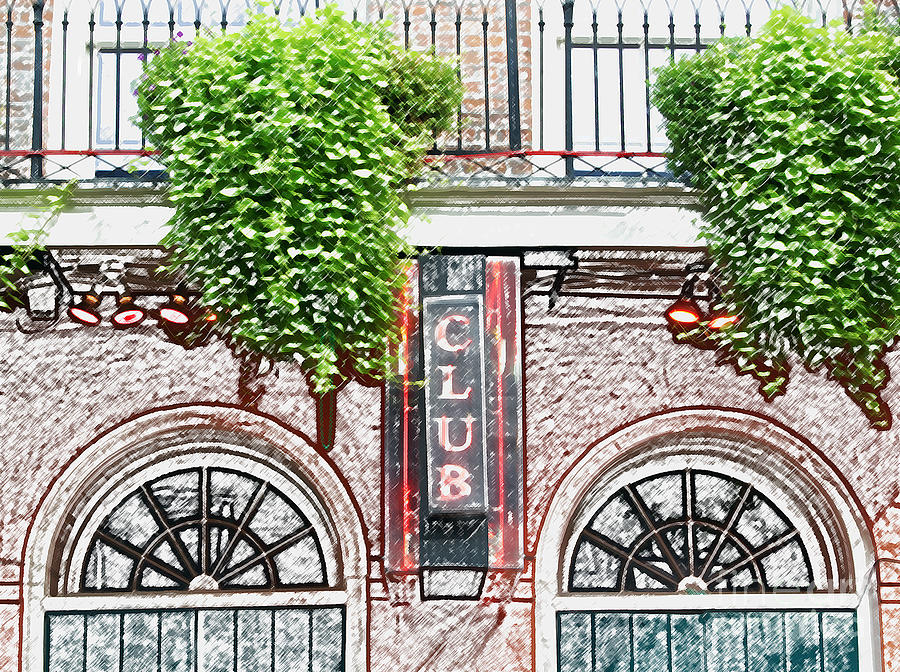Neon Club Sign Bourbon Street Corner French Quarter New Orleans Colored Pencil Digital Art Digital Art by Shawn OBrien