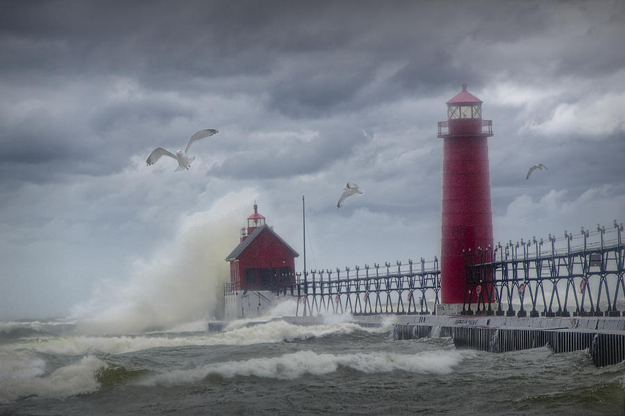 New Years Day Storm at the Grand Haven Lighthouse in Michigan No.0250 Photograph by Randall Nyhof