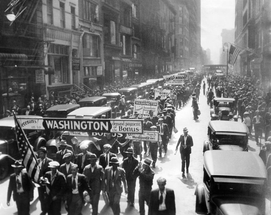 Sign Photograph - New York Bonus Marchers Leave by Everett