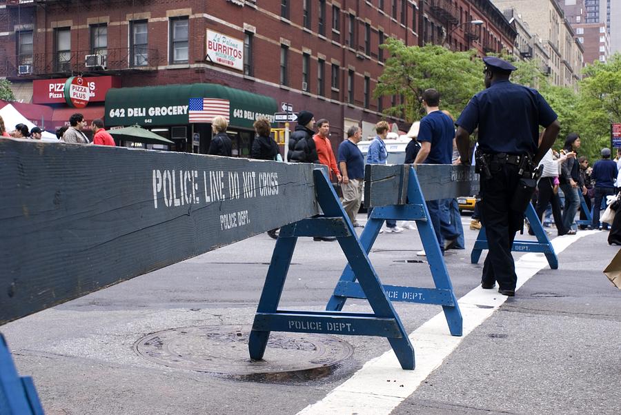 Sign Photograph - New York Police Crowd Control Barriers. by Mark Williamson