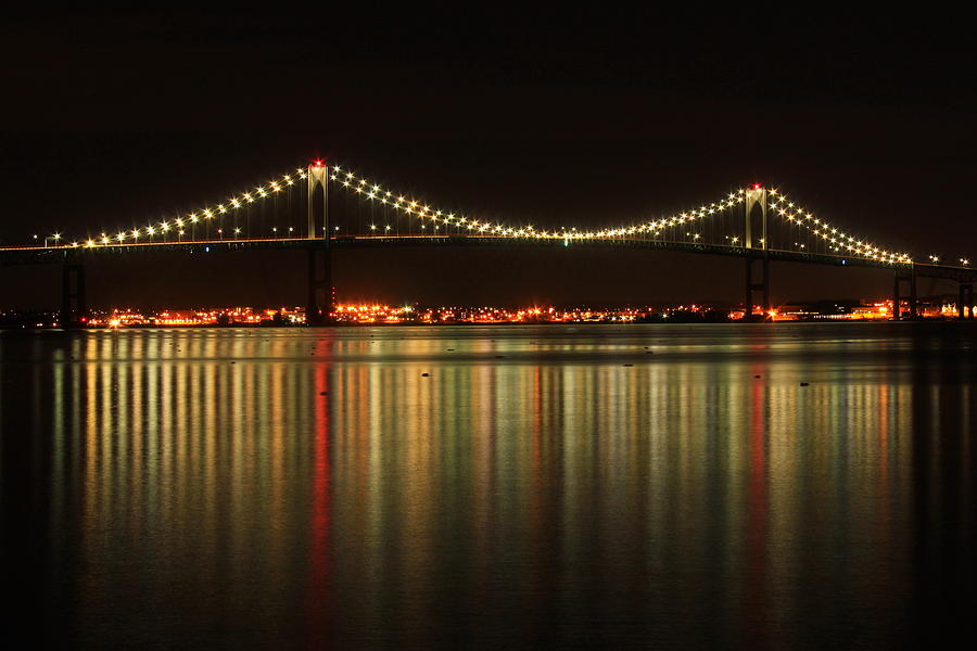 Newport Pell Bridge at Night Photograph by John Burk