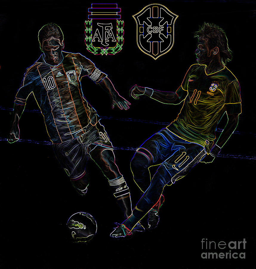 Lionel Messi Photograph - Neymar and Lionel Messi Clash of the Titans Neon by Lee Dos Santos