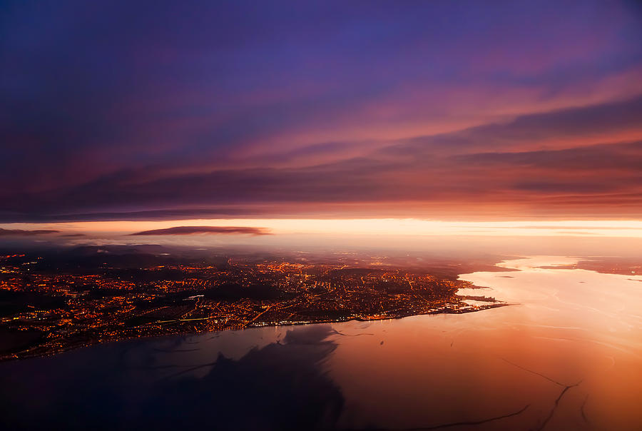 Sunset Photograph - Nigh Flight over Edinburgh. Scotland by Jenny Rainbow