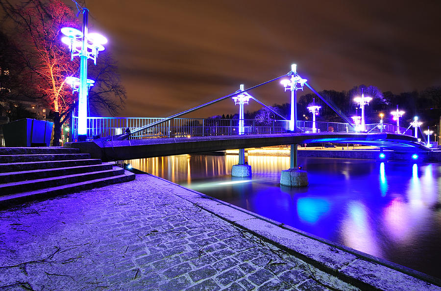 Lamp Photograph - Night bridge in Turku by Roman Rodionov