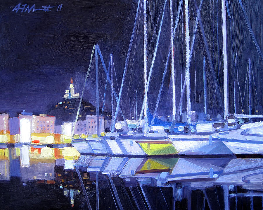 Night Scenes Painting - Night Harbor by Aaron Memmott