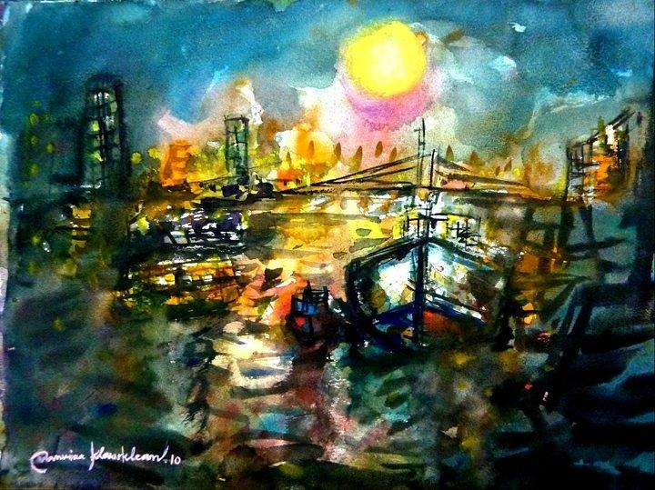 Night life of Chaopraya river 2 Painting by Wanvisa Klawklean