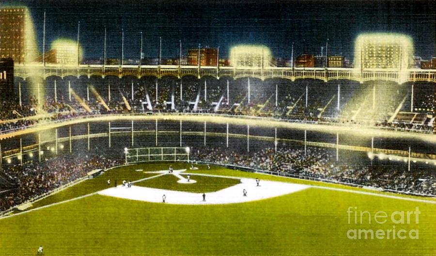 Night View Of Yankee Stadium In The 1950's Painting by Dwight Goss