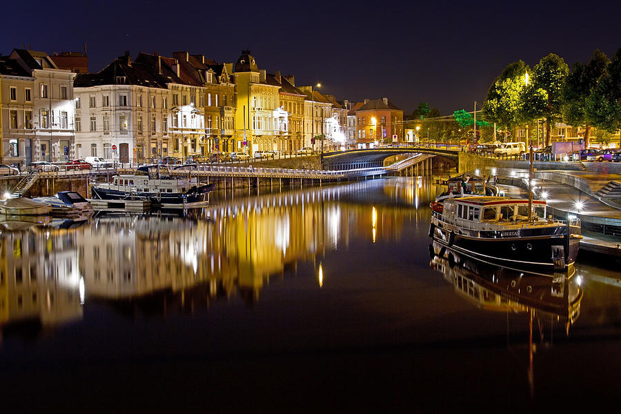 Nighttime along the river Leie Photograph by David Freuthal