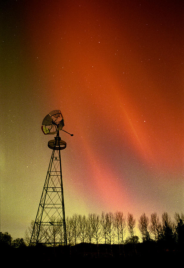Northern Lights And Windmill Photograph