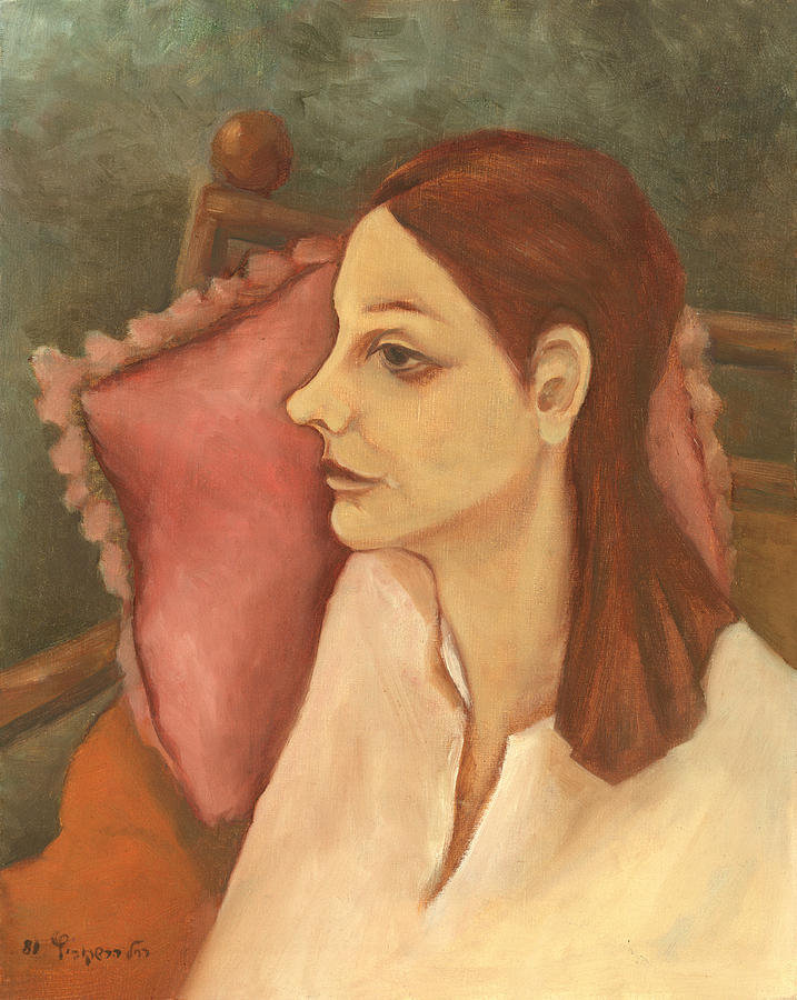 Nosy woman with red pillow Painting by Rachel Hershkovitz