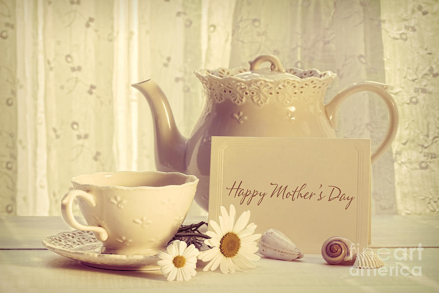 Spring Photograph - Note card with teapot and cup for Mothers day by Sandra Cunningham