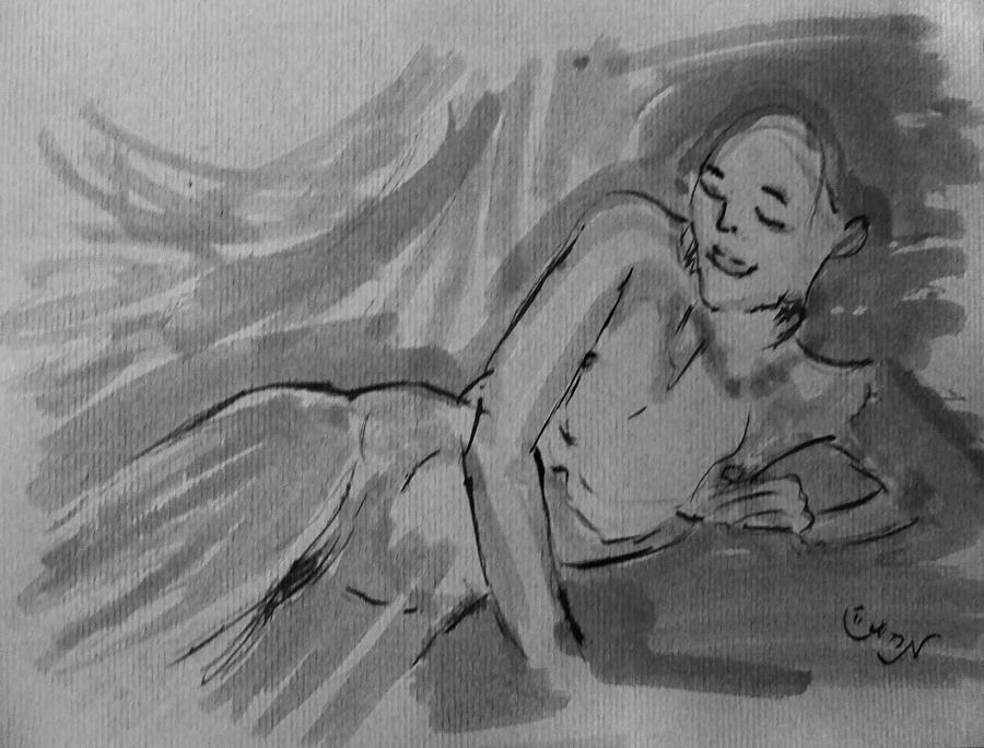 Monochromatic Nude Painting - Nude Acrylic Watercolor of Young Female Figure Reclining on Couch in Monochromatic and Black White by M Zimmerman