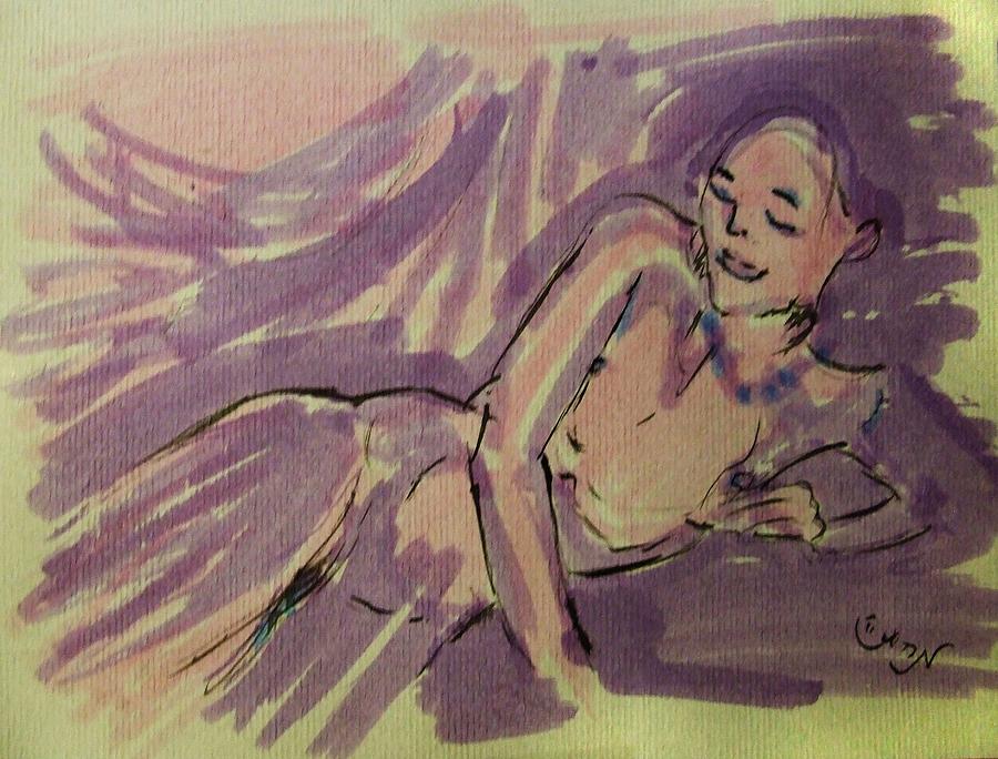 Nude Acrylic Watercolor of Young Female Figure Reclining on Couch in Purple Lavender and Yellow Painting by M Zimmerman