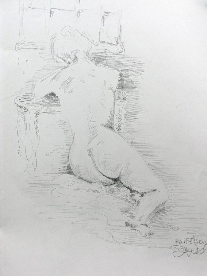 Nude In Front Of Table And Window Drawing by Brian Sereda
