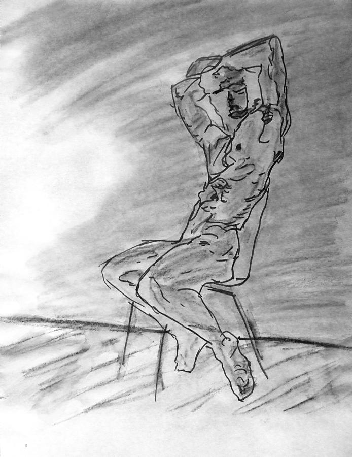 Nude Male Seated on Chair by Wall in Watercolor Sketch Painting with Arms Raised Looking Outward Painting by M Zimmerman