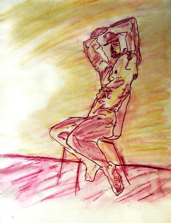 Nude Man Sitting on Chair by Wall in Yellow Purple Sketch Watercolor Arms High Gazing Out View Painting by M Zimmerman