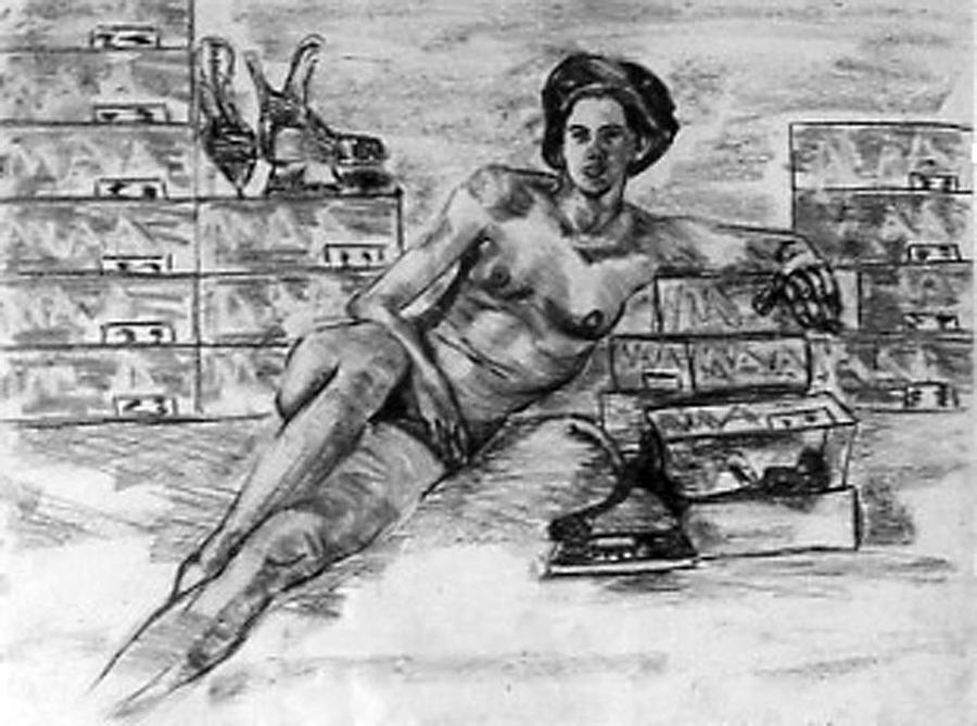 Hockey Drawing - Nude with new skates by Ken Yackel