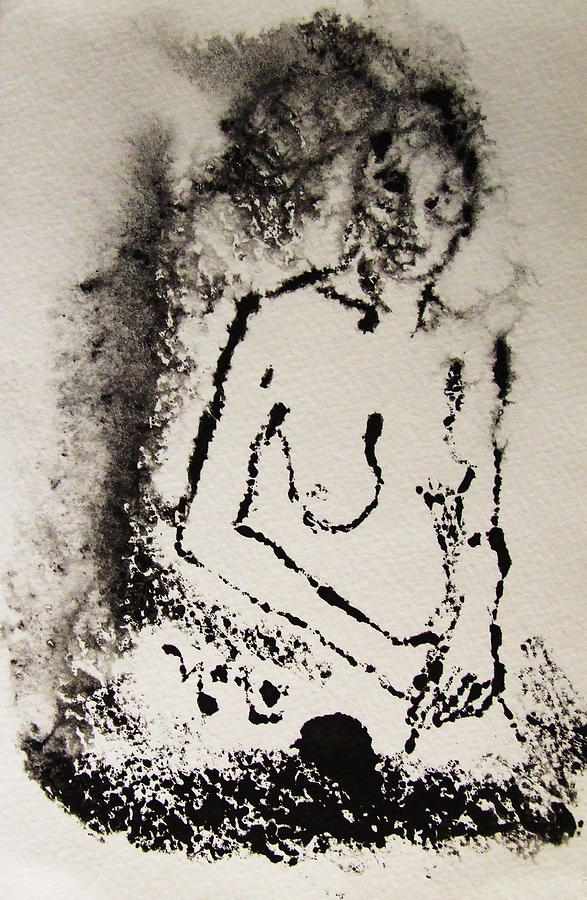 Nude Young Female that is Mysterious in a Whispy Atmospheric Hand Wringing Pose Monoprint Intaglio Painting by M Zimmerman