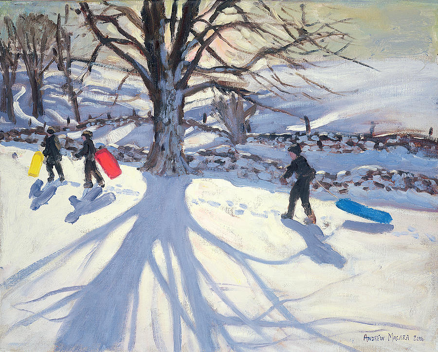 Winter Painting - obogganers near Youlegrave by Andrew Macara