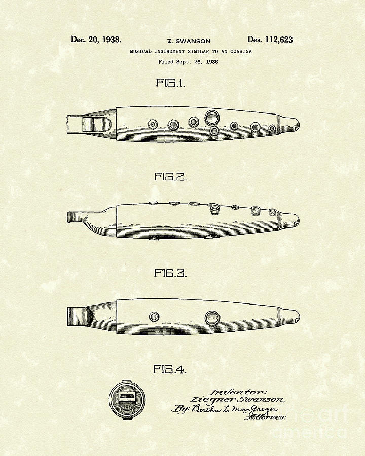 Ocarina 1938 Patent Art Drawing by Prior Art Design