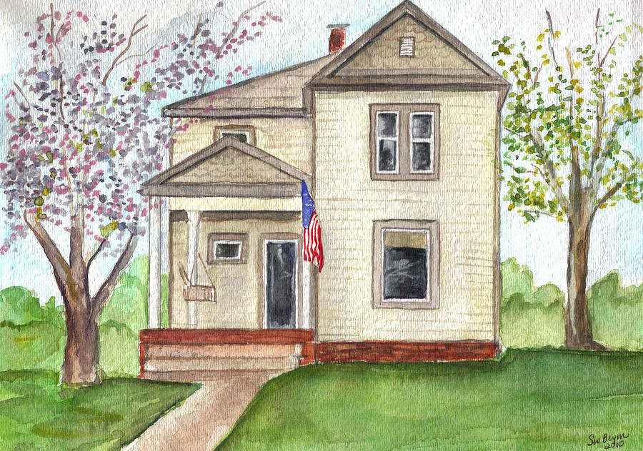Flag Painting - Ohio cottage with Flag by Clara Sue Beym