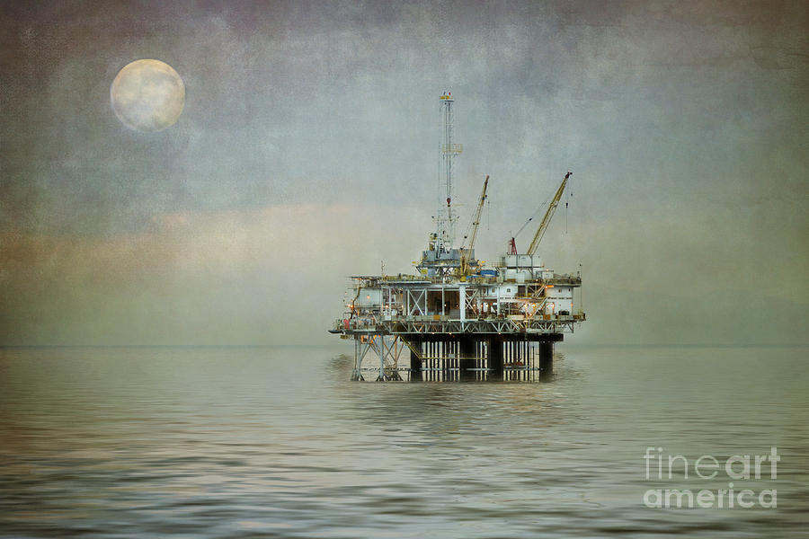 Oil Platform Under the Moon Textured Photograph by Susan Gary