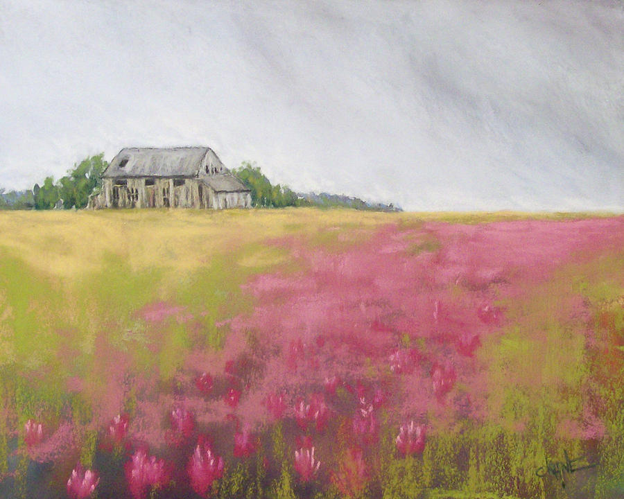 Old Barn and Red Clover Pastel by Christine Camp