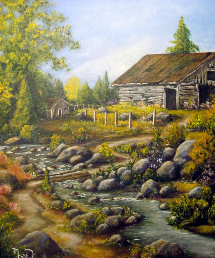 Old Barn By The Stream Painting by Mark Farr