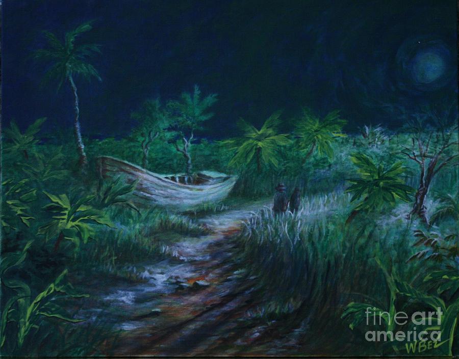 Old Boat in Moonlight Painting by William Bezik