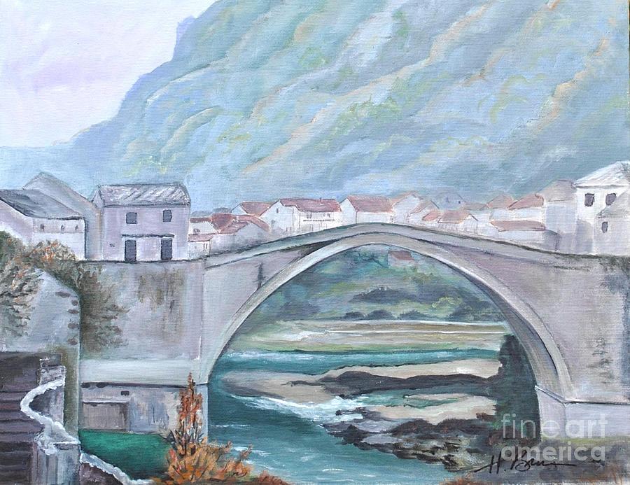 Old Bridge in Croatia 2 Painting by Holly Bartlett Brannan
