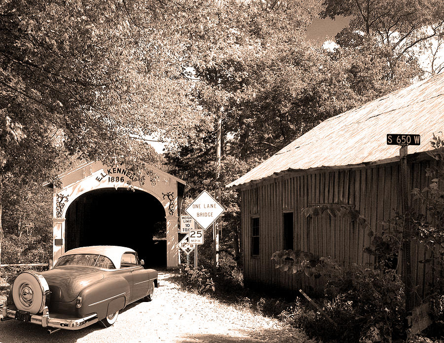 Old Chevy Photograph - Old Car Older Barn Oldest Bridge by Randall Branham