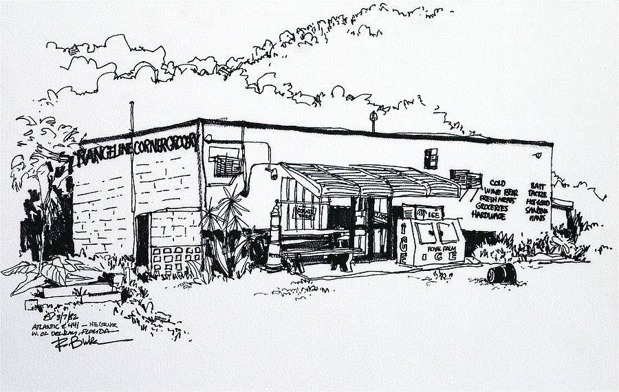 Old Delray Beach, FL Grocery Store.  Drawing by Robert Birkenes