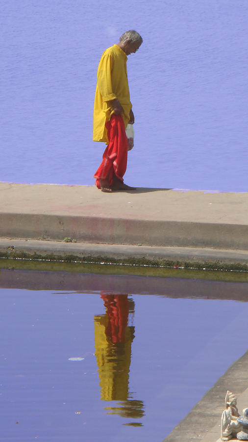 Mirror Photograph - Old Indian man staring at  the water by Gili Hg